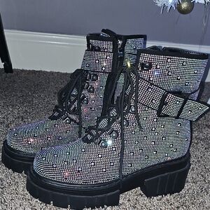 Women's Black Rhinestone Combat Boots